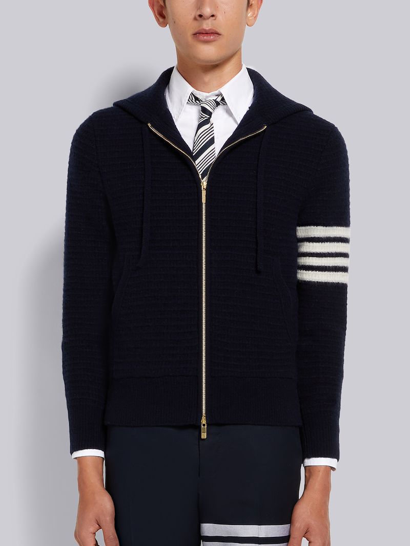 Navy Overwashed Cashmere 4-Bar Zip up Hoodie
