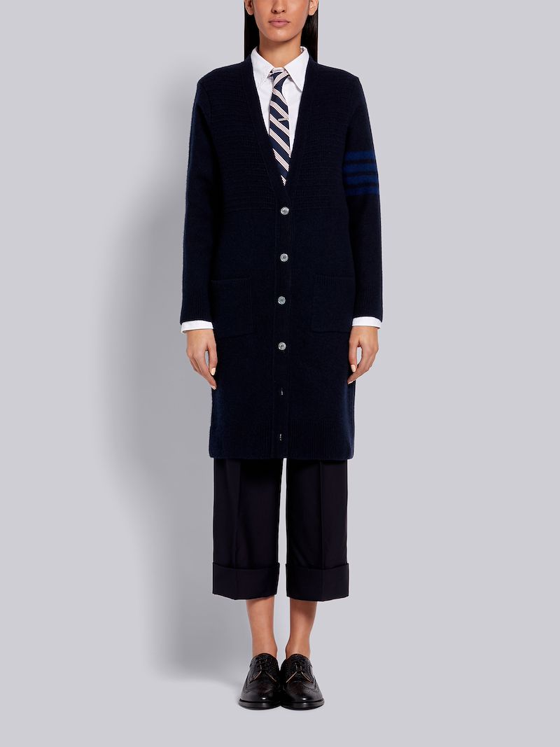 Navy Overwashed Wool Cashmere Cardigan Stitch Tonal 4-Bar Long V-Neck Cardigan