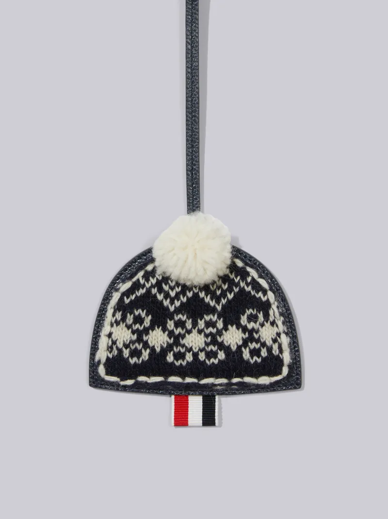 Navy Pebble Grain Leather Pom Pom Hat Charm