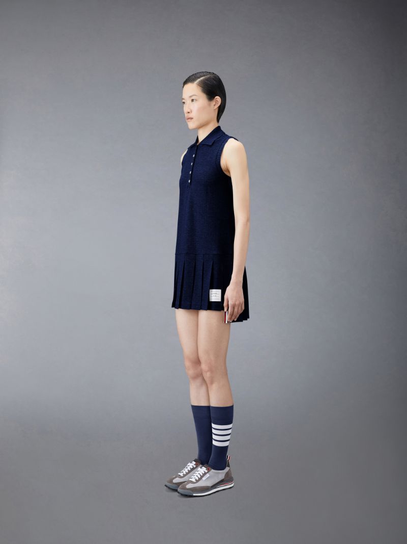 Navy Pique Center Back Rwb Stripe Sleeveless Pleated Tennis Dress 