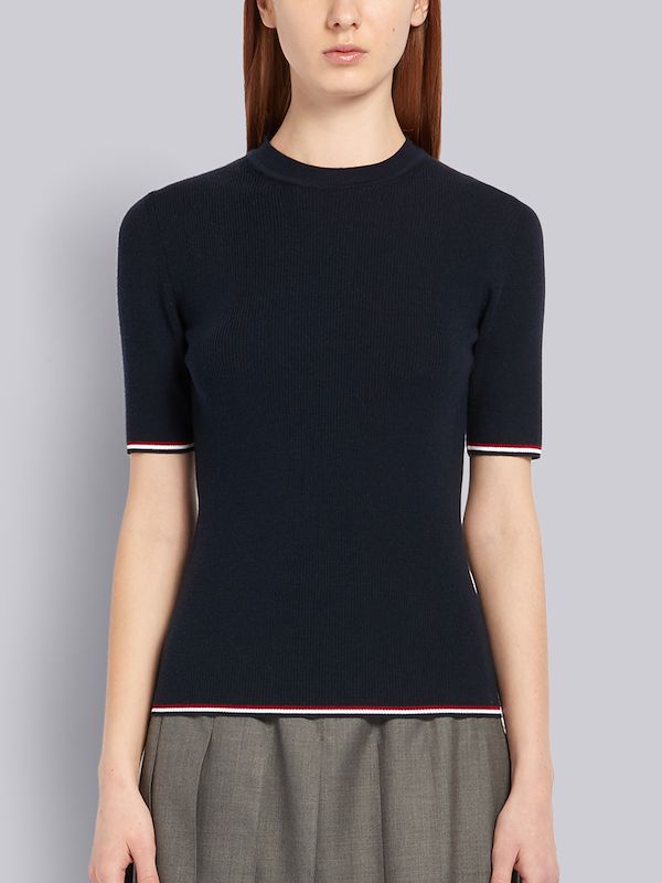 Navy Rib Stitch Fine Merino Wool Tipping Stripe Short Sleeve Tee