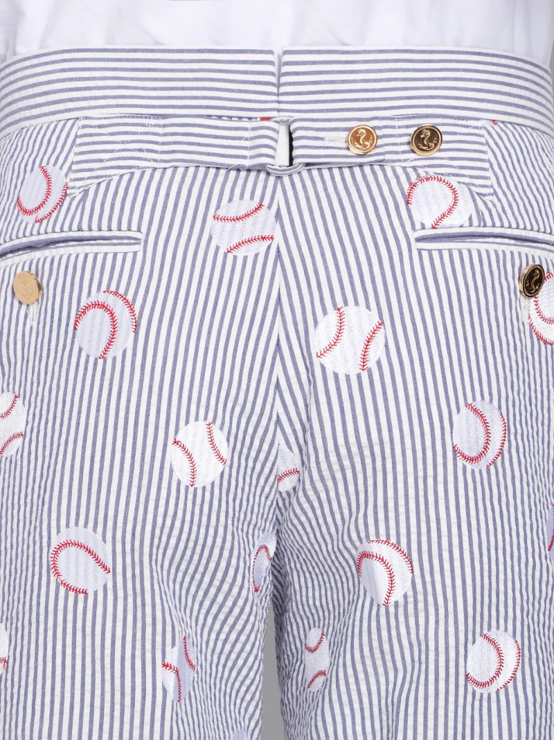 Navy Seersucker Baseball Icon Mid-Rise Vented Slim Shorts