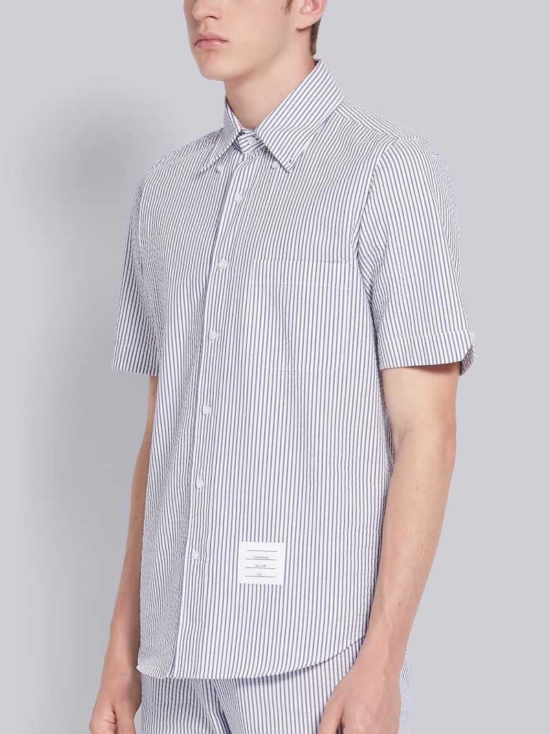 Navy Seersucker Stripe Short Sleeve Shirt | Thom Browne Official