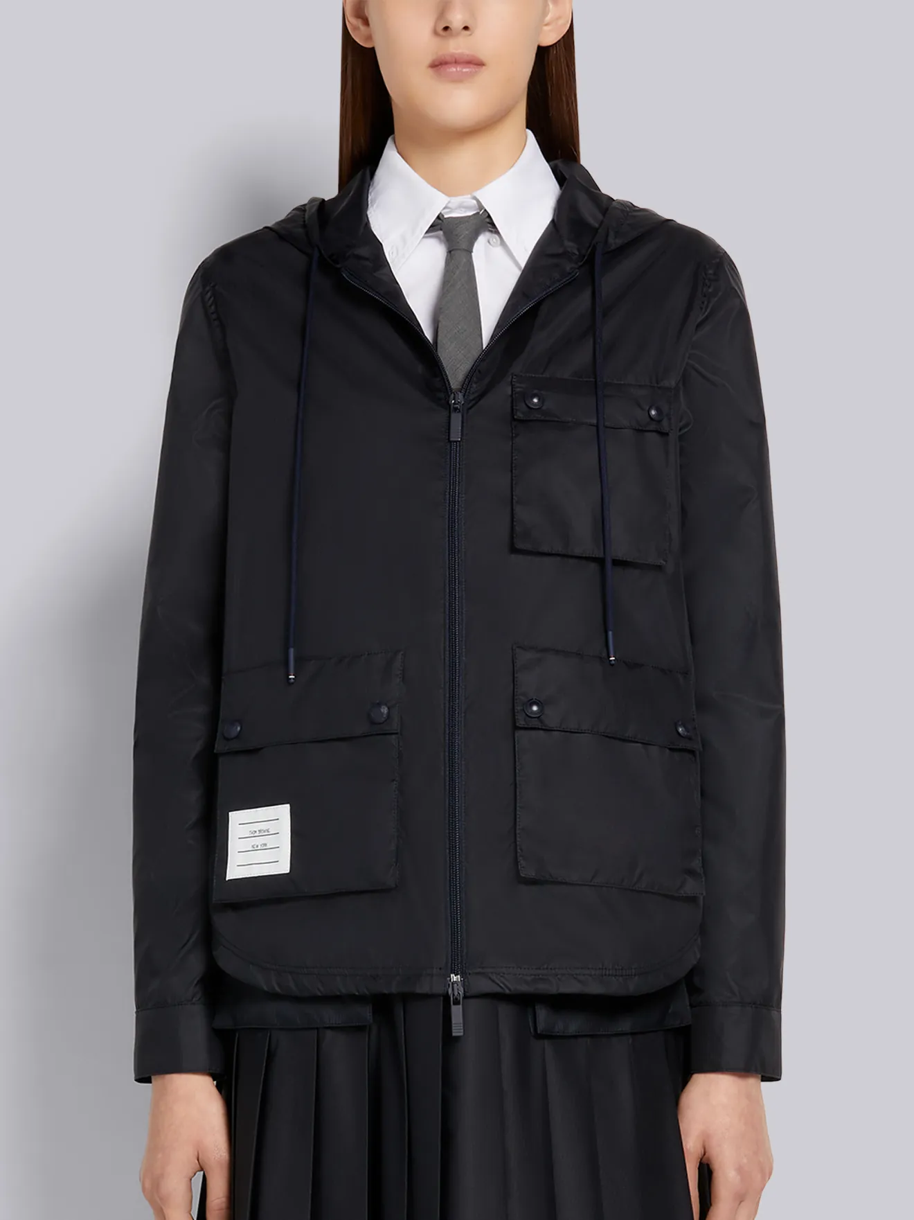 Navy Sheer Ripstop Cargo Pocket Zip-Up Hooded Jacket | Thom Browne