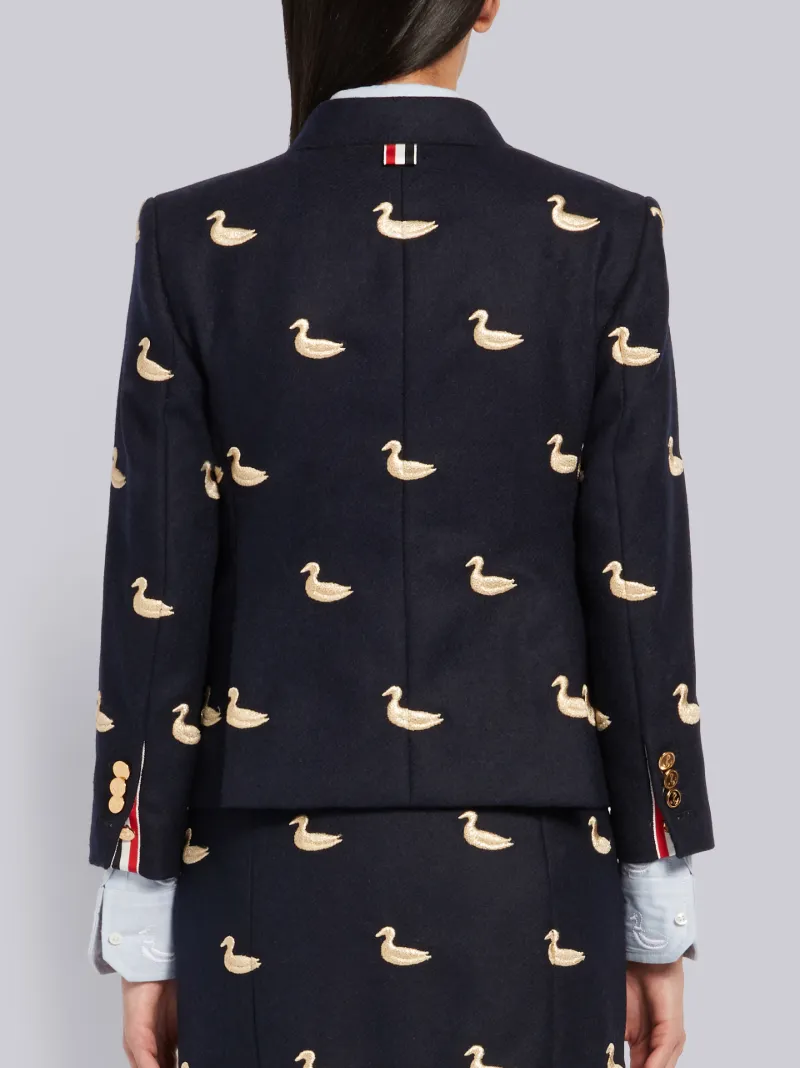 Navy Shetland Wool Duck Embroidered Narrow Shoulder Jacket