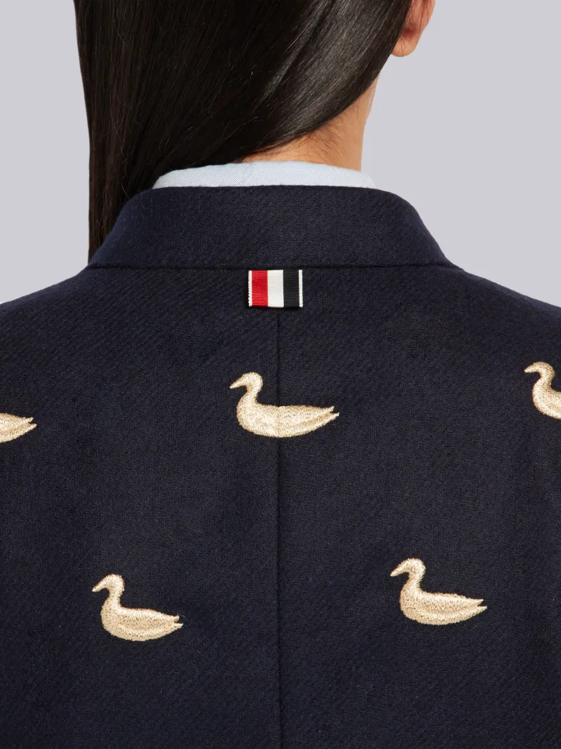 Navy Shetland Wool Duck Embroidered Narrow Shoulder Jacket