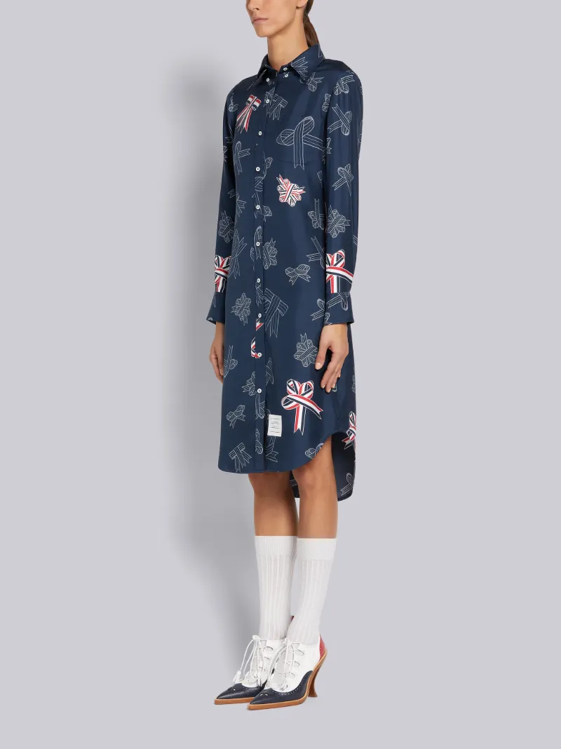 Navy Silk Twill Ribbon Outline Print Classic Below Knee Shirtdress