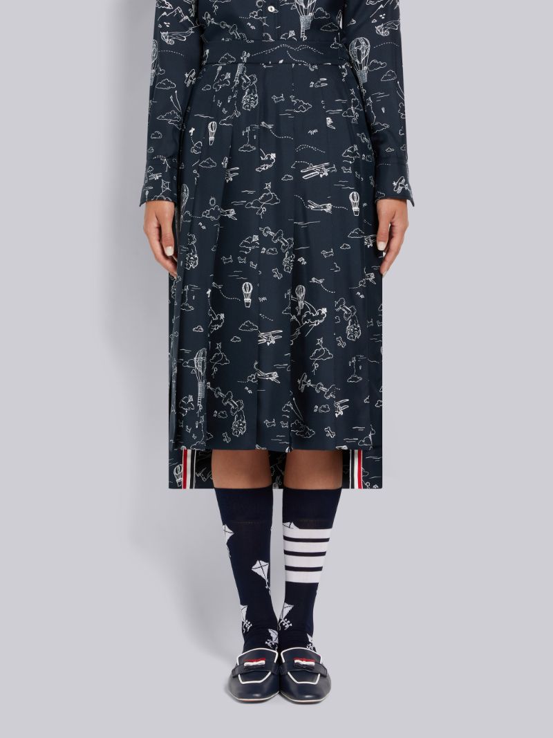 Navy Sky Toile Printed Silk Twill Dropped Back Pleated Below the Knee Skirt