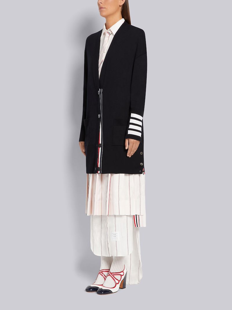 Navy Stretch Silk Cotton Jersey 4-Bar Cuff Exaggerated Fit V-Neck Cardigan