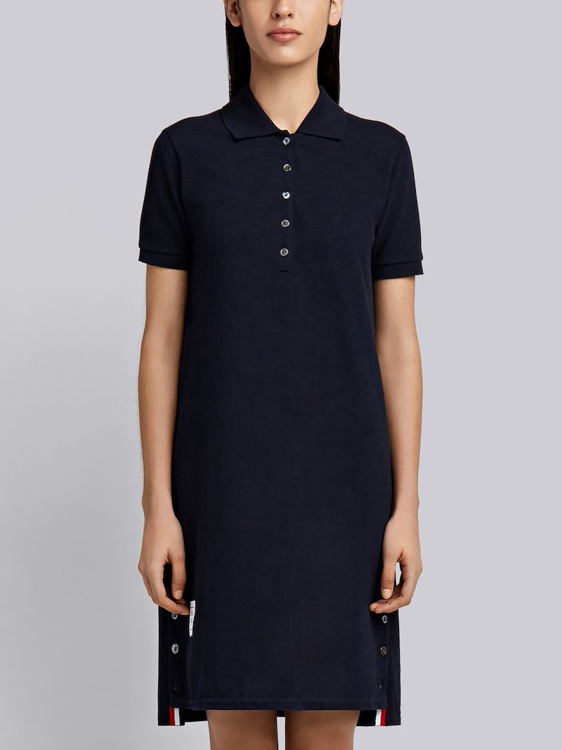 Navy Stripe Cotton Pique Fitted A-line Short Sleeve Polo Shirtdress