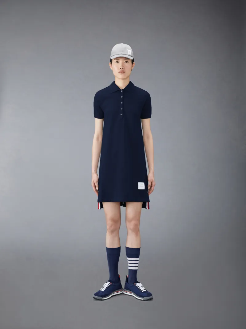 Navy Stripe Cotton Pique Fitted A-line Short Sleeve Polo Shirtdress Navy Stripe Cotton Pique Fitted A-line Short Sleeve Polo Shirtdress