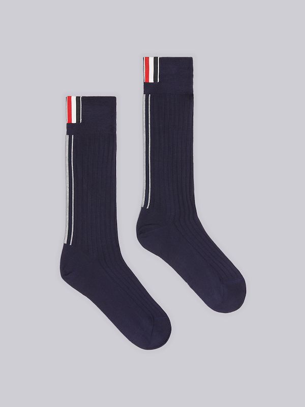 Navy Sustainable Machine Washable Merino Wool Intarsia Back Stripe Mid Calf Rib Socks