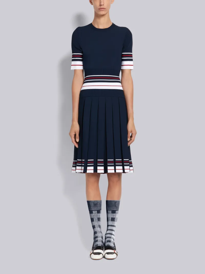 Navy Viscose Double Cricket Stripe Box Pleat Knee Length Skirt