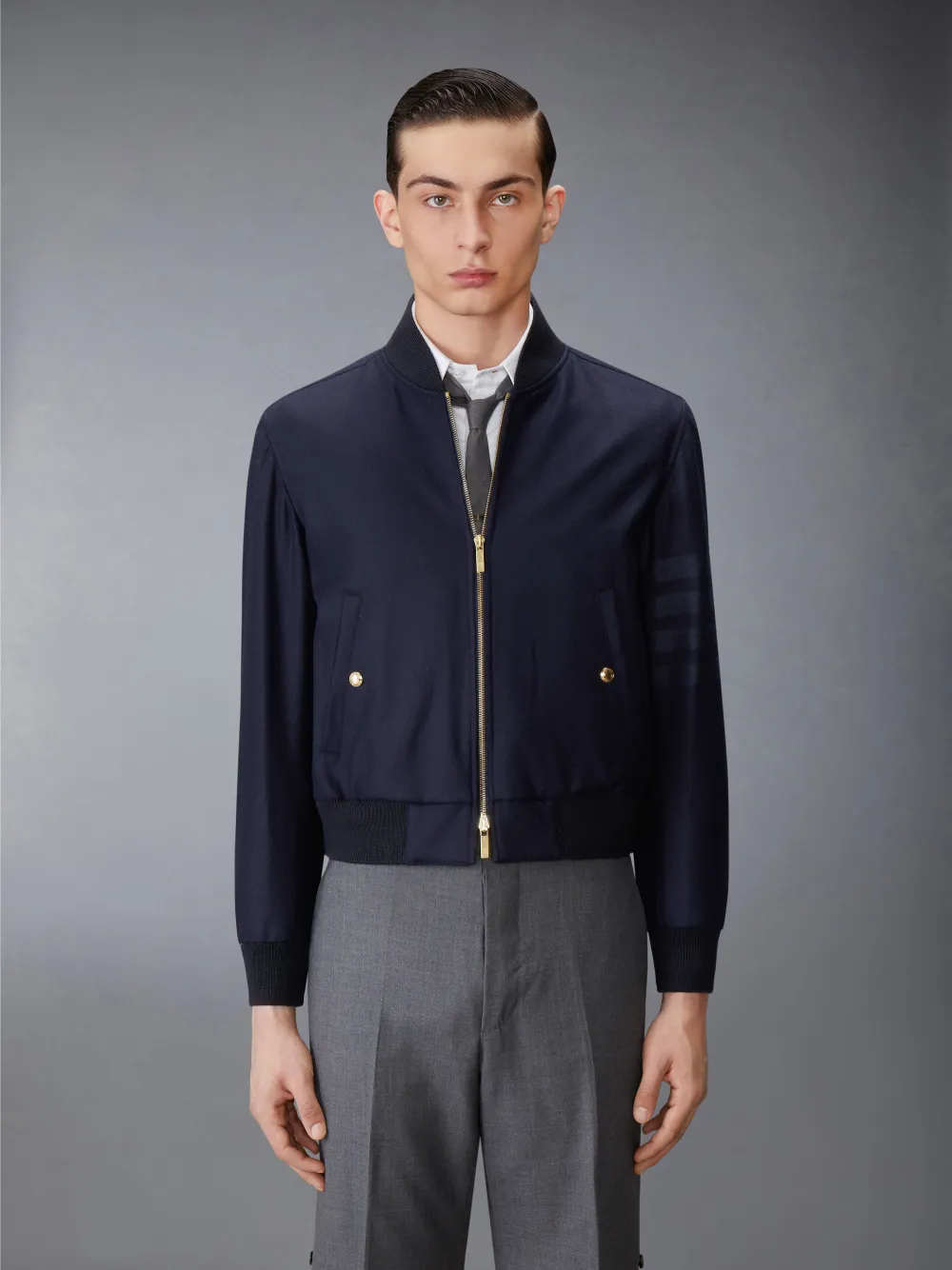 Navy Wool Cashmere Flannel Blouson Tonal 4-Bar Jacket | Thom Navy Wool Cashmere Flannel Blouson Tonal 4-Bar Jacket | Thom