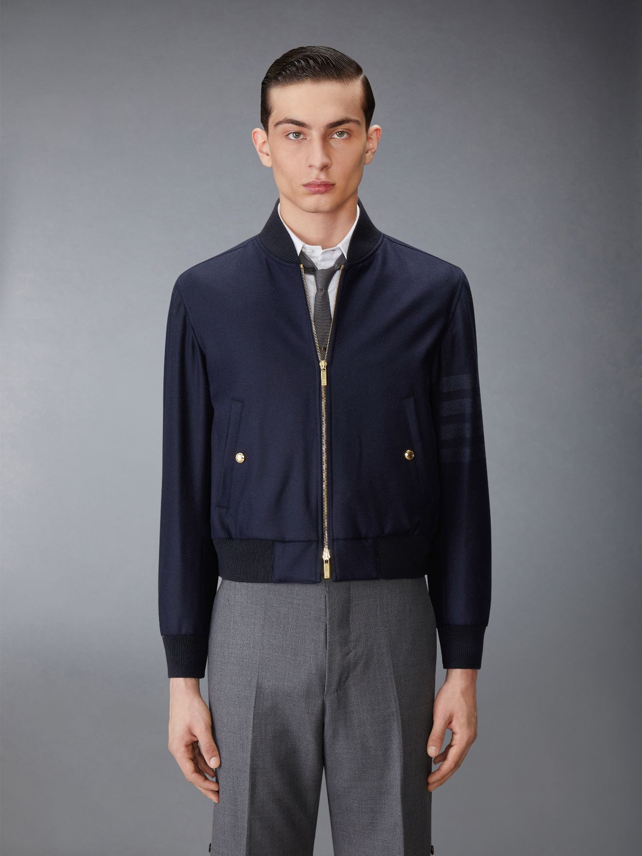 Navy Wool Cashmere Flannel Blouson Tonal 4-Bar Jacket | Thom Browne