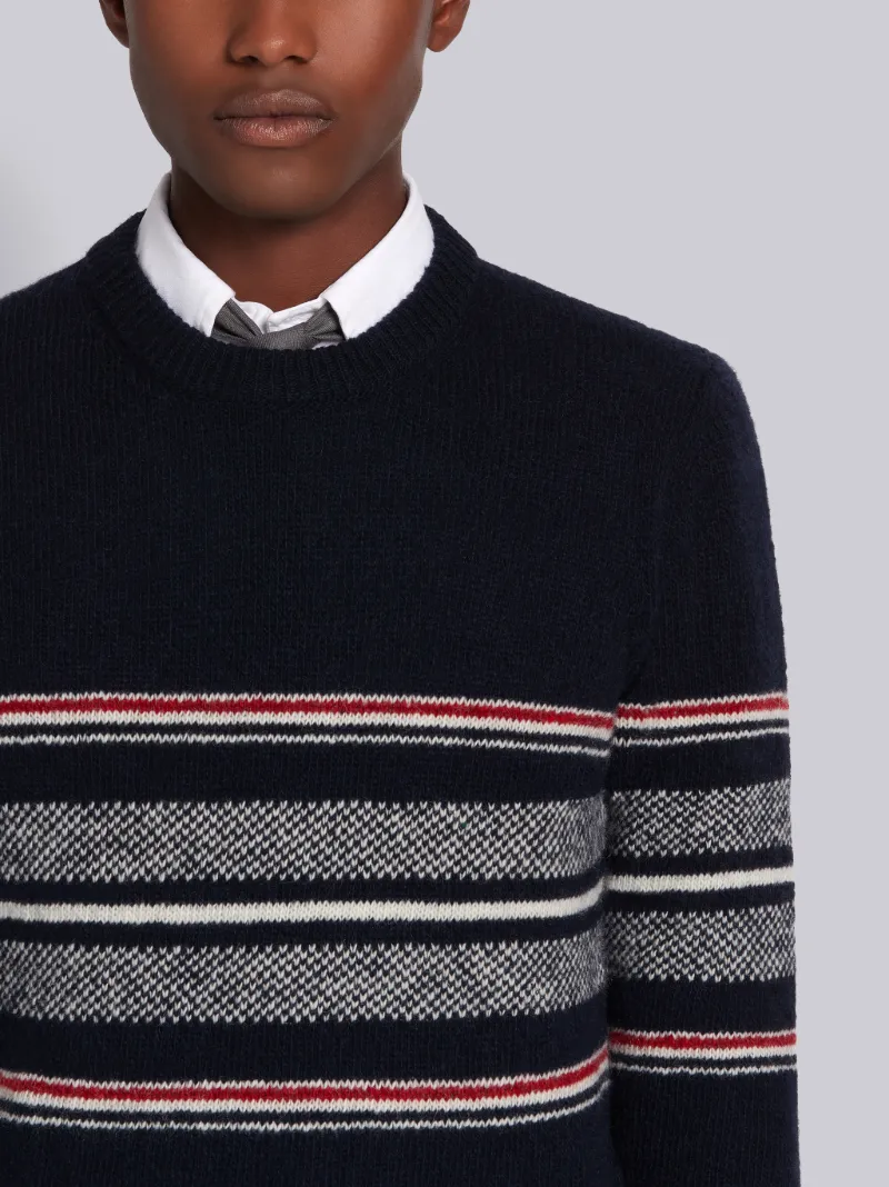 Navy Wool Mohair Tweed Jersey Birdseye Jacquard Cricket Stripe Relaxed Fit Crewneck Pullover