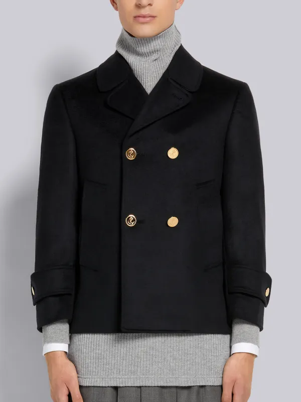 Navy Zibeline Finish Coat Weight Cashmere Round Collar High Break Pea Coat