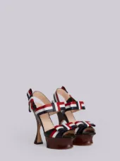 Open Toe Shaped Platform Heel (15 Cm) With Bow Strap In Pebble Lucido Leather & Calf Leather