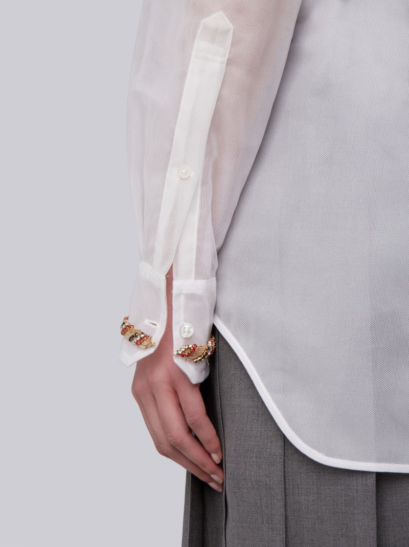 Oversized Button Down Point Collar Shirt With Braided Gold Watch Applique, Extended Sleeves & Organza Layers In Soft Tulle