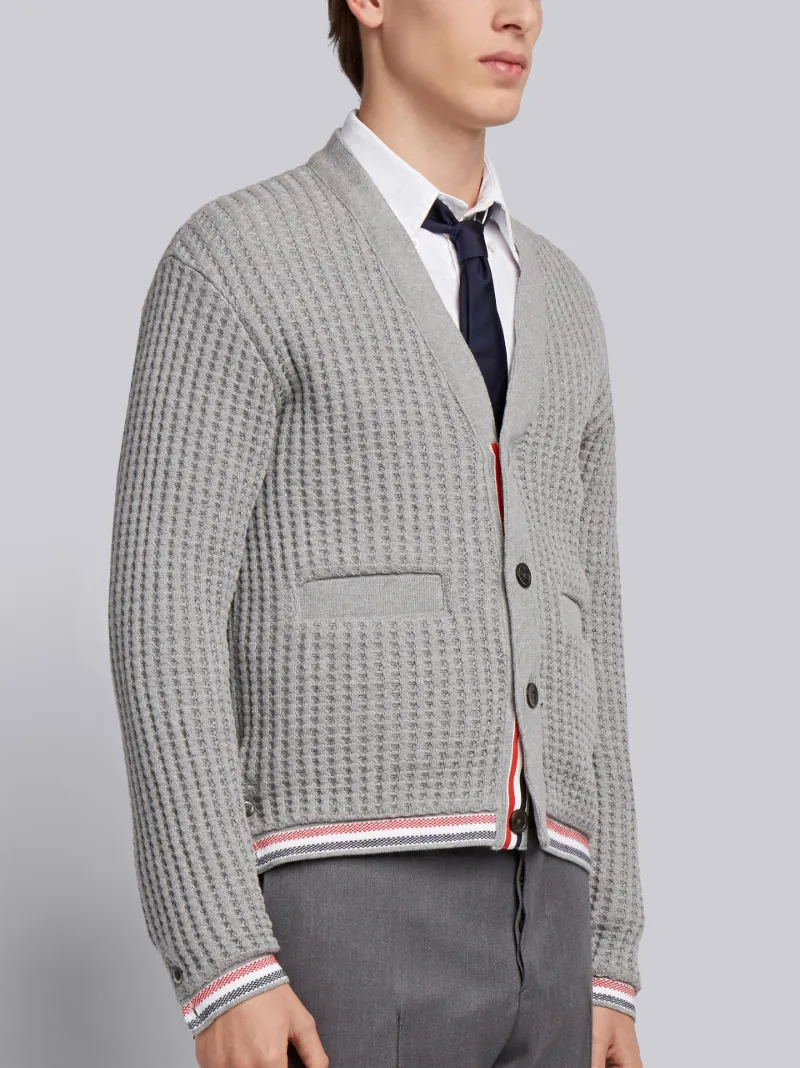 Oxford Stripe Chunky Waffle Knit V Neck Cardigan Thom Browne