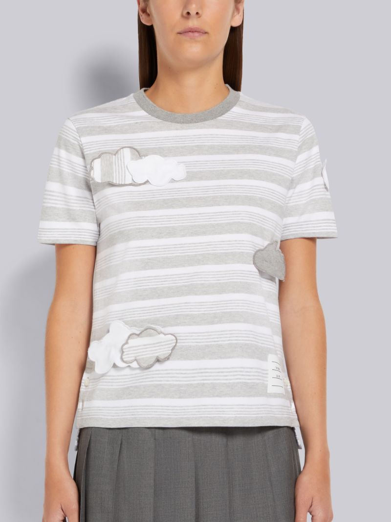 Pastel Grey Striped Jersey Wired Cloud Applique Embroidery Short Sleeve Tee