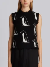 Penguin Intarsia Shell Top With Frayed Edges In Black Cashmere