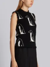 Penguin Intarsia Shell Top With Frayed Edges In Black Cashmere