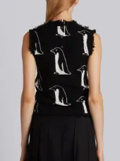 Penguin Intarsia Shell Top With Frayed Edges In Black Cashmere