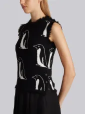 Penguin Intarsia Shell Top With Frayed Edges In Black Cashmere