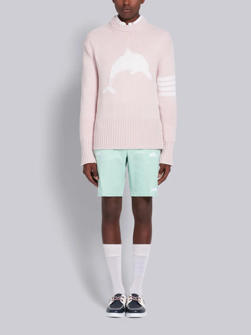 Pink Cashmere Dolphin Intarsia Crewneck 4-Bar Pullover