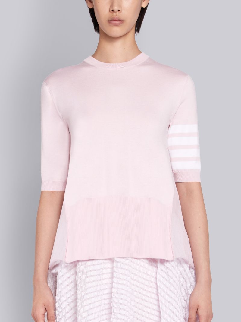Pink Silk Cotton Blend Sheer Pleated Back 4-Bar Stripe Tee