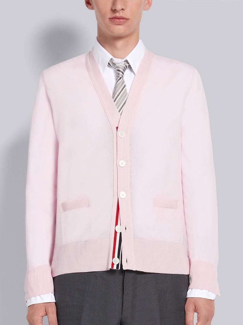 Pink Sustainable Fine Merino Wool Center Back Stripe Classic V-neck Cardigan