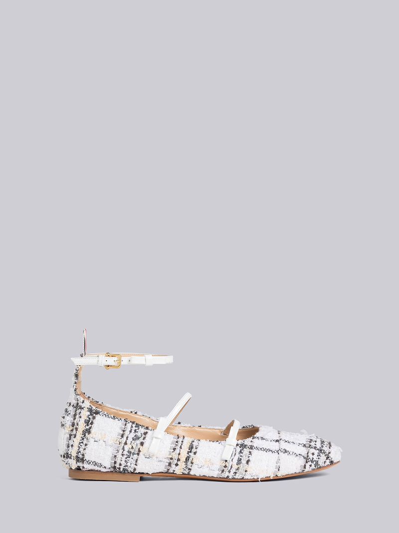 Plaid Ribbon Tweed Bow Strap Ballet Flat