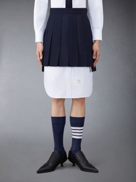 White Stretch Viscose Intarsia Side Stripe Dropped Back Pleated Mini Skirt