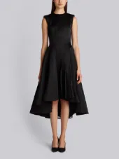PLEATED, FLAT FRONT FIT & FLARE DRESS IN BLACK DOUBLE FACE SATIN