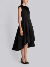 PLEATED, FLAT FRONT FIT & FLARE DRESS IN BLACK DOUBLE FACE SATIN