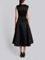 PLEATED, FLAT FRONT FIT & FLARE DRESS IN BLACK DOUBLE FACE SATIN