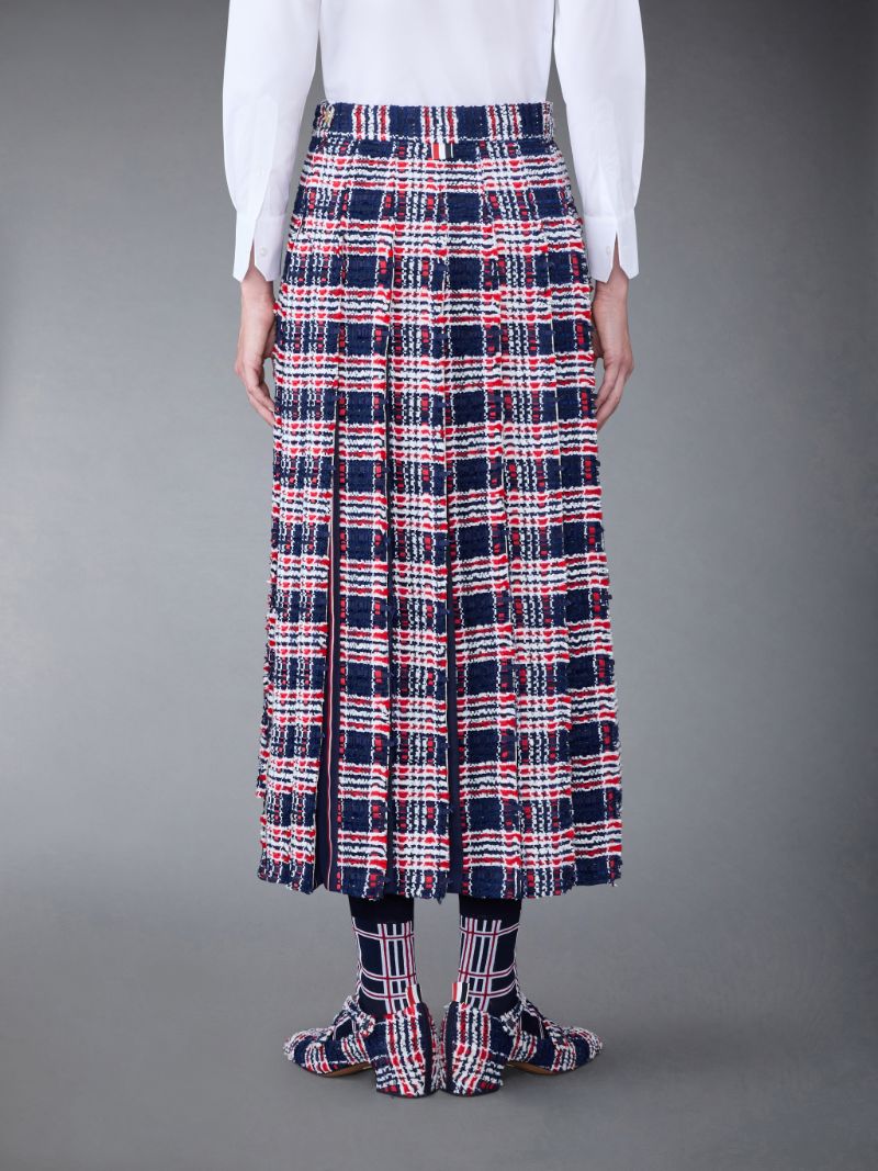 Prince of Wales Check Frayed Chenille Tweed Pleated Skirt