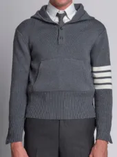Pullover Hoodie With Rib Stitch In Grey Merino