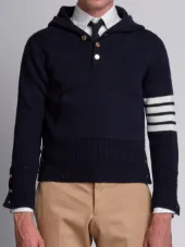 Pullover Hoodie With Rib Stitch In Navy Merino