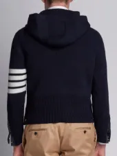 Pullover Hoodie With Rib Stitch In Navy Merino