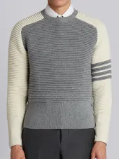 Raglan Crewneck Pullover With Ottoman Stitch & 4-Bar Stripe In Light Grey Cashmere