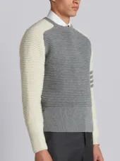 Raglan Crewneck Pullover With Ottoman Stitch & 4-Bar Stripe In Light Grey Cashmere
