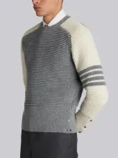 Raglan Crewneck Pullover With Ottoman Stitch & 4-Bar Stripe In Light Grey Cashmere