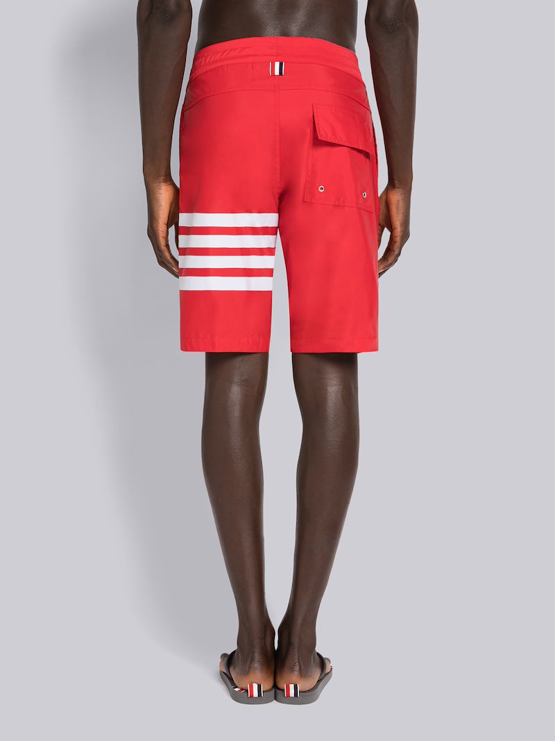 Red Swim Tech 4-Bar Drawstring Waist Board Short