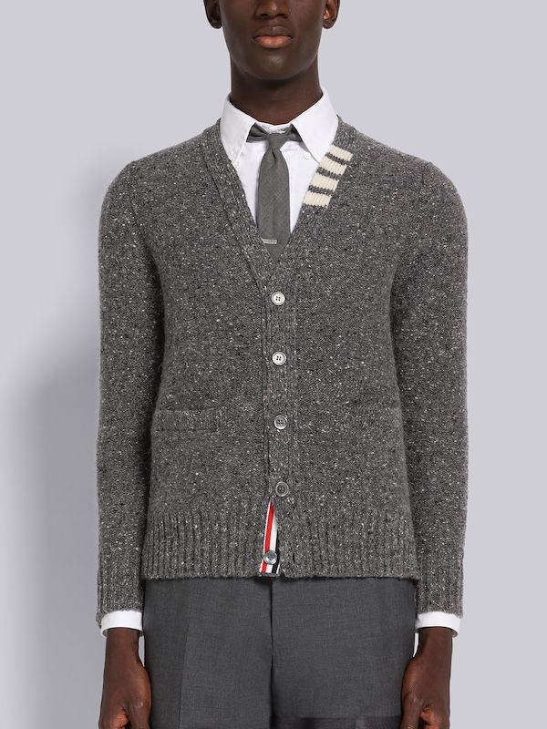 REVERSE JERSEY STITCH DONEGAL 4-BAR V-NECK CARDIGAN
