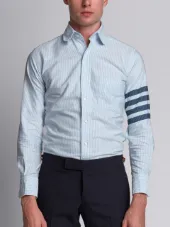 Round Collar Shirt With Woven 4-Bar Stripe In Blue And White University Stripe Oxford