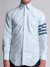 Round Collar Shirt With Woven 4-Bar Stripe In Blue And White University Stripe Oxford