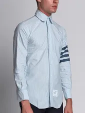 Round Collar Shirt With Woven 4-Bar Stripe In Blue And White University Stripe Oxford