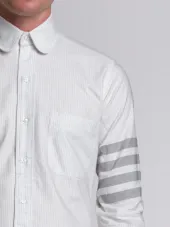Round Collar Shirt With Woven 4-Bar Stripe In Grey And White University Stripe Oxford